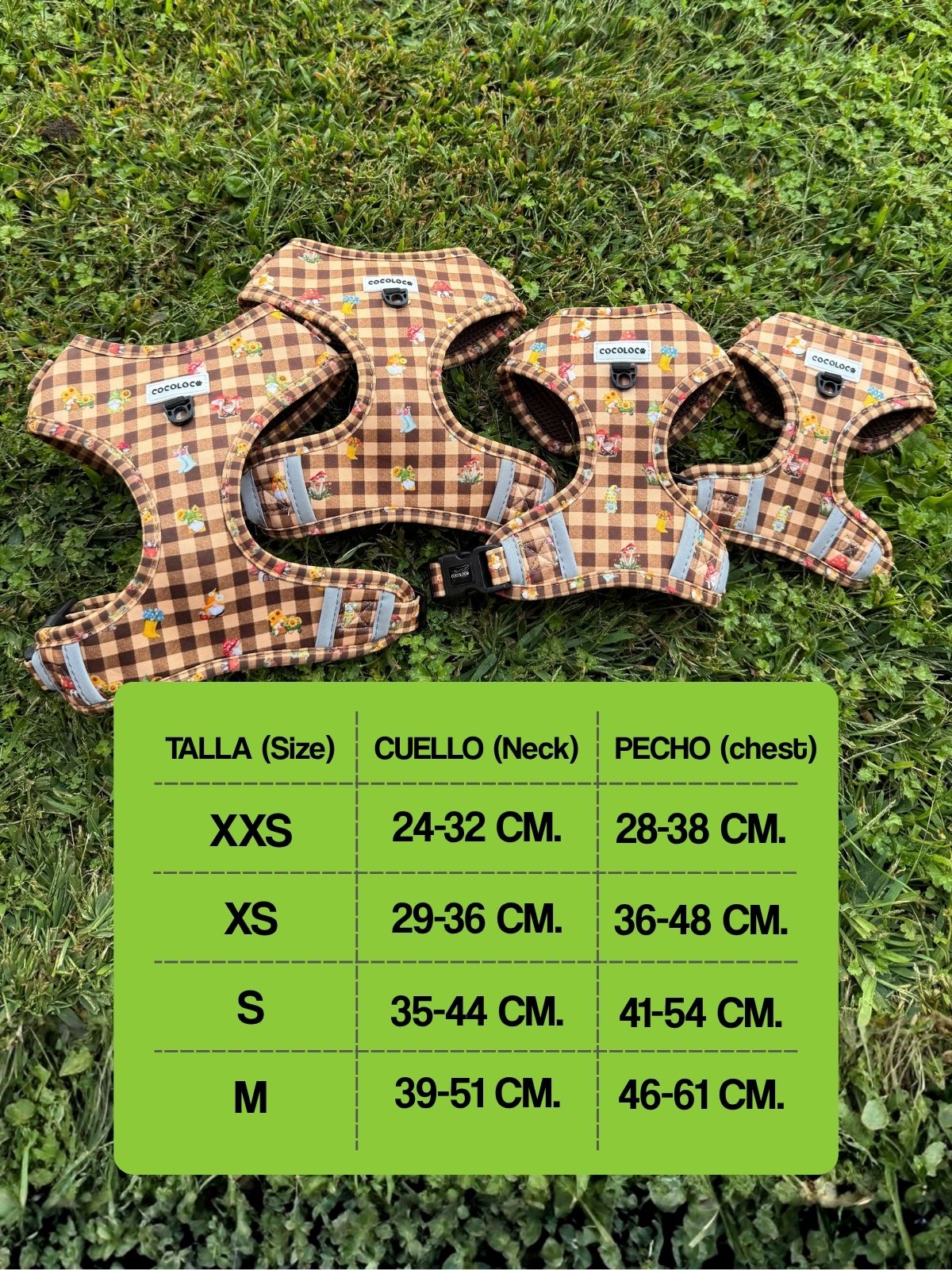 Tabla de tallas del arnés ajustable Trasno: XXS, XS, S y M con medidas de cuello y pecho