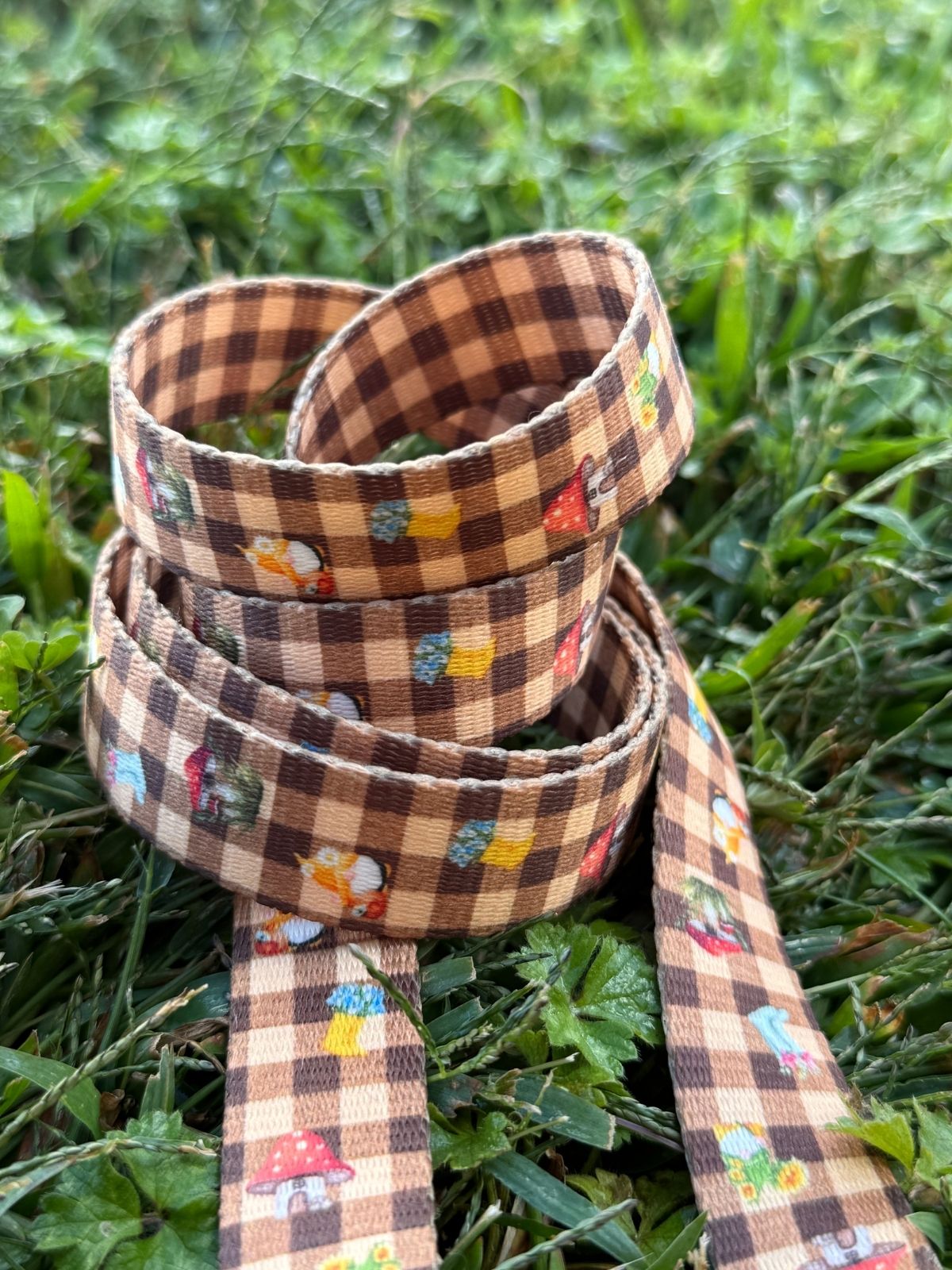 Detalle del estampado de duendes, setas y botas de la correa de paseo Trasno